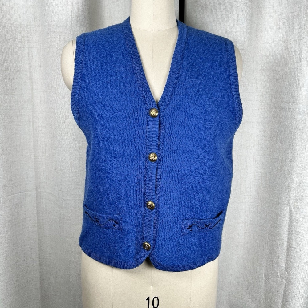 VTG Pendleton Women's XL Blue‎ Wool Cardigan Sweater Vest Gold Crest Buttons EUC